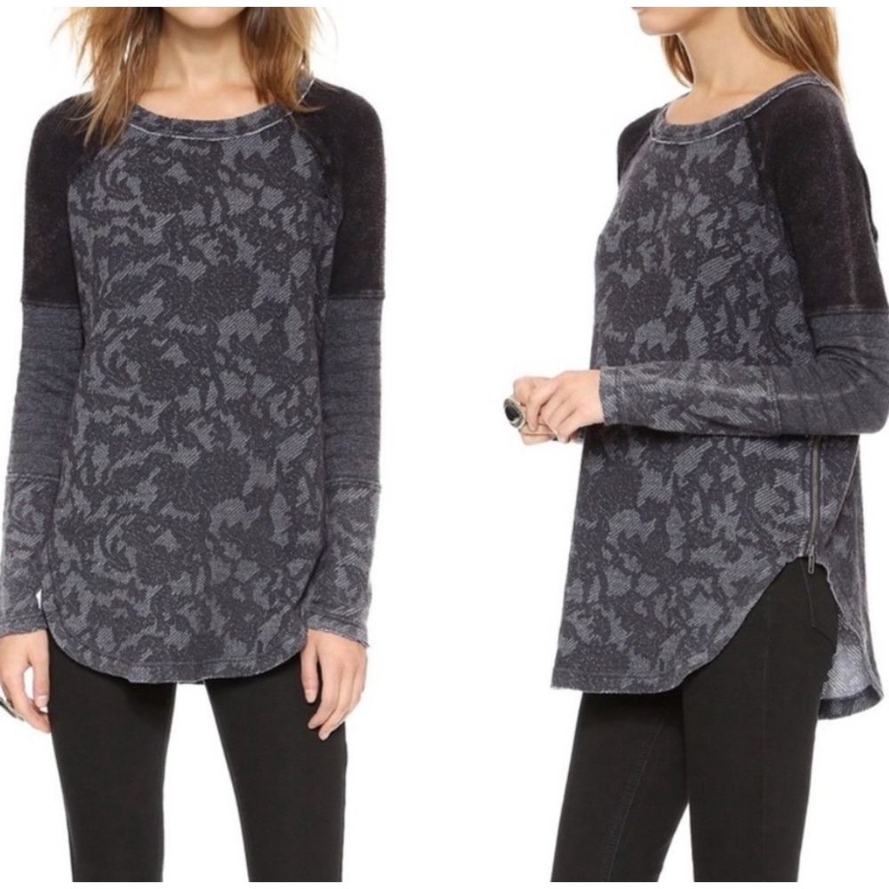 Free People Bed Of Roses‎ Charcoal Floral Print Thermal Tunic Pullover Shirt S